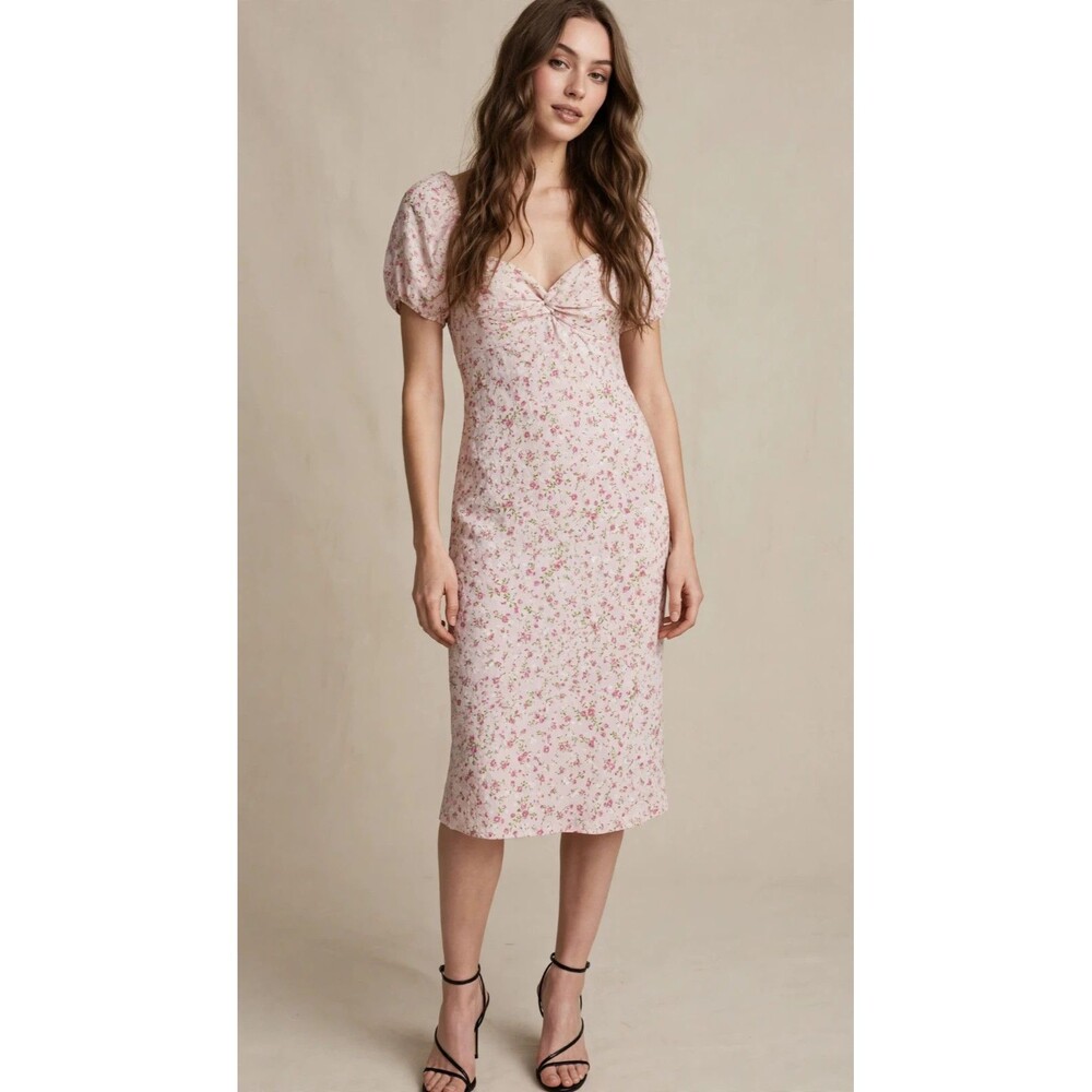 No Boundaries Pink Floral Smocked Midi Dress Puff Sleeve Sweetheart L